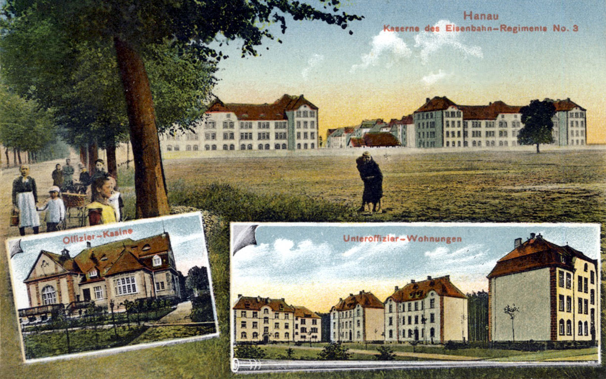 Nachcolorierte Mehrfach-Ansichtskarte mit der Ansicht der neuen Eisenbahner-Kaserne (oben).